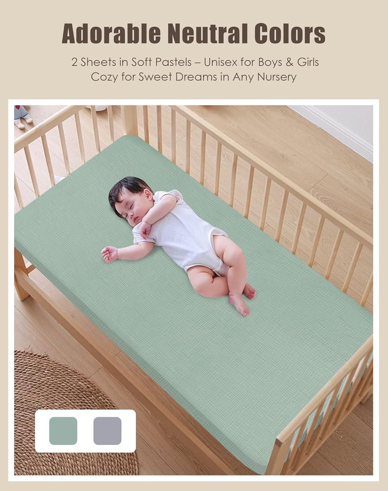 SWEET DOLPHIN 2-Pack Muslin Crib Sheets for Boys & Girls, Ultra Soft Breathable 40S Long-Staple Cotton Fitted Baby Sheets for Standard Crib Mattress 52"x28", Green and Grey- Nursery Essentials - Image 4
